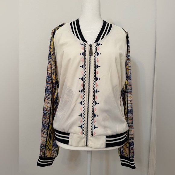 BKE Size M Women's Cream and Multicolor Bomber Jacket - Picture 2 of 15